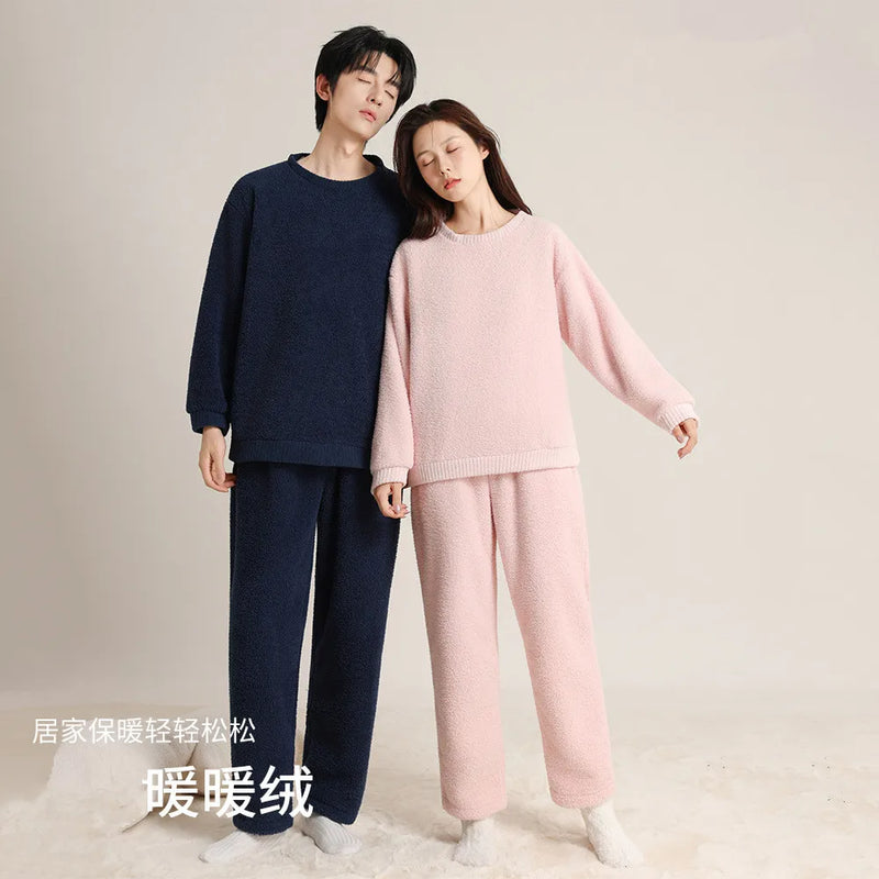 Couple Pajamas Set Coral Fleece Winter Warm Sleepwear Long Sleeve Thicken Women Pajama Loose Sleeping Clothes Home Wear Suit