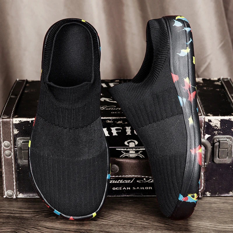 Summer Breathable Wide Foot Half Shoes Men Slip On Casual Wide Toes Shoes Half Slippers White Black Big Size 47 48