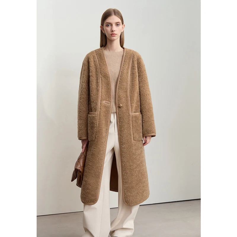 AMII Long Fur Coat 2026 Winter New V-neck All-wool Thick Warm Outerwears Leather Buckle Pocket Casual Loose Women's Top 12444137