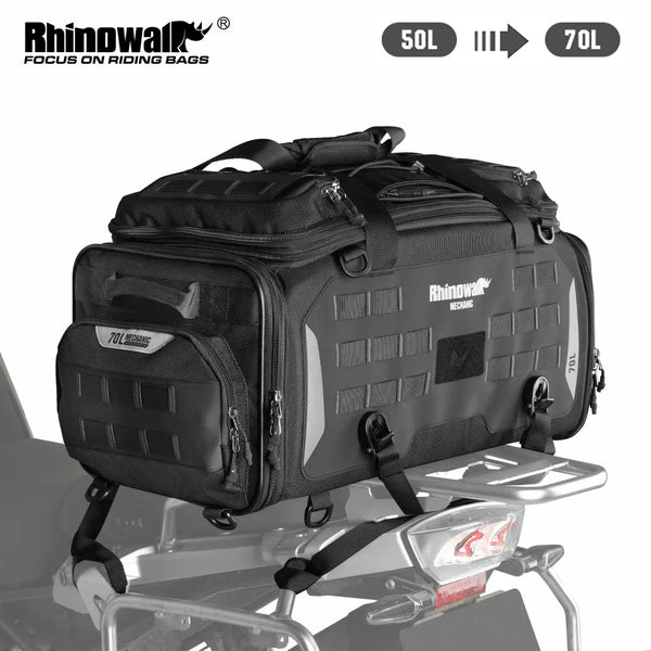 កាបូបសម្រាប់អង្គុយម៉ូតូ Rhinowalk ទំហំ 50L-70L កាបូបស្ពាយចំហៀងបត់បាន ការពារទឹក និងធូលី មានជញ្ជាំងបែងចែកសម្រាប់ស្ងួត និងសើម ជាមួយគម្របភ្លៀង