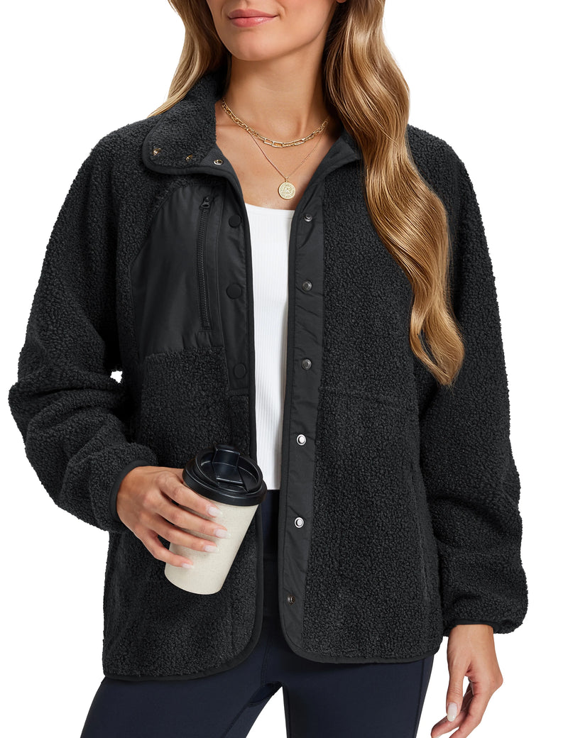 TACVASEN Women's Stand Collar Sherpa Fleece Jacket Winter Warm Lightweight Fuzzy Button Down Coat 3 Zipper Pockets Casual Jacket