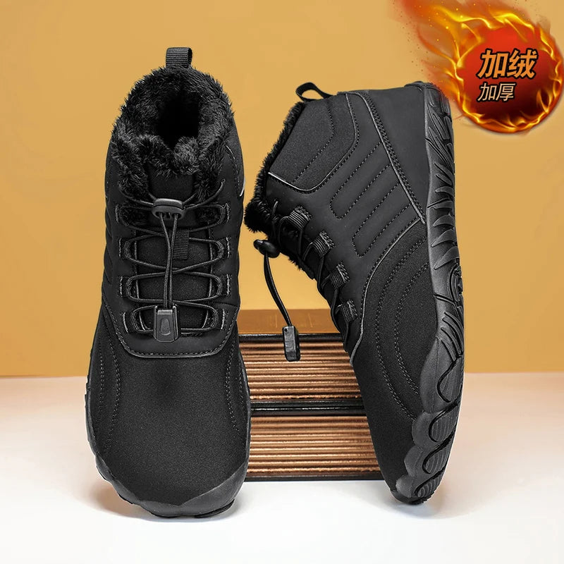 Men Women Winter Barefoot Boots Warm Fleece Lined Wide Toe Box Non Slip Outdoor Snow Hiking Shoes Minimalist Quick Release Laces