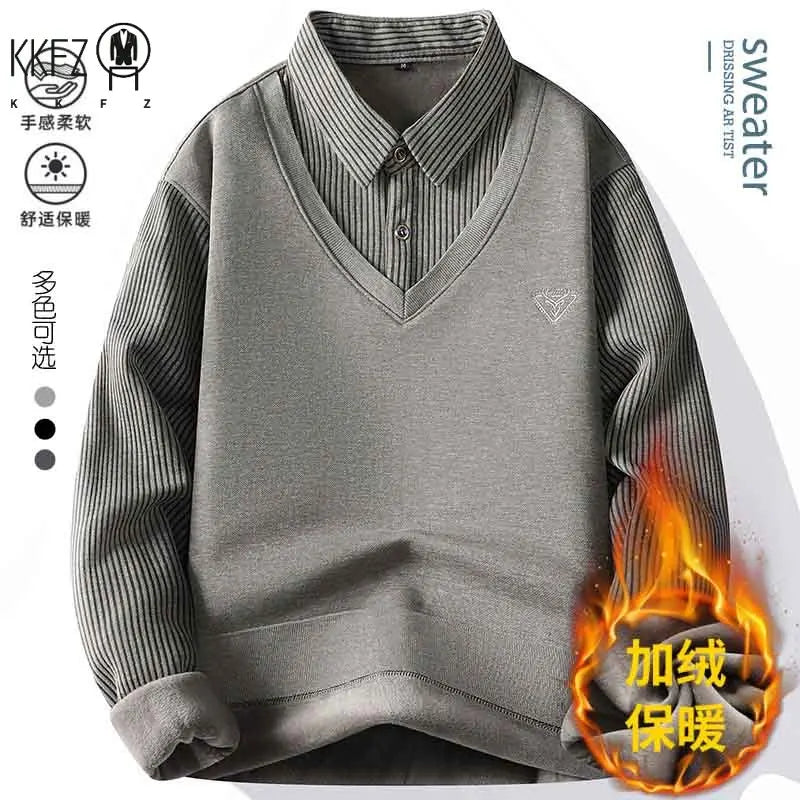 Thermal Knitted Top For Men Fake Two Piece Waistcoat Style Stretch Striped Sleeve Shirt Collar Daily Wear Base Layer Outfit