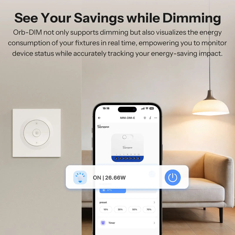 SONOFF Orb-DIM Matter over Wi-Fi Smart Dimmer Switch MINI-DIM-E Smooth Dimming No Flicker Energy Monitor Voice Alexa Google Home