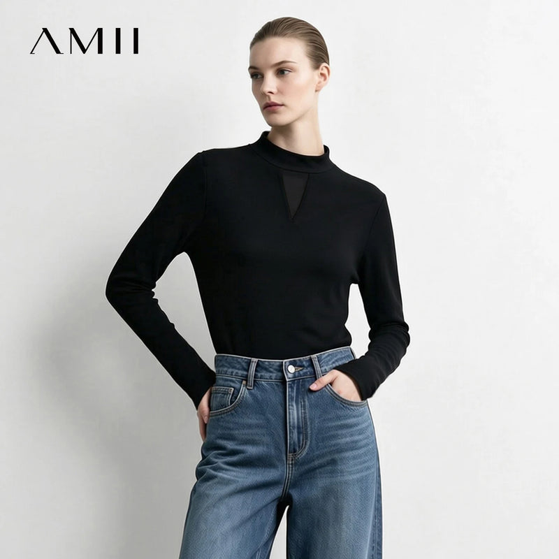 Amii Mock Neck Basic Tee Slim Fit Versatile Layering Minimalist Commuter Casual Winter 2026 Long Sleeve Tops 12624102