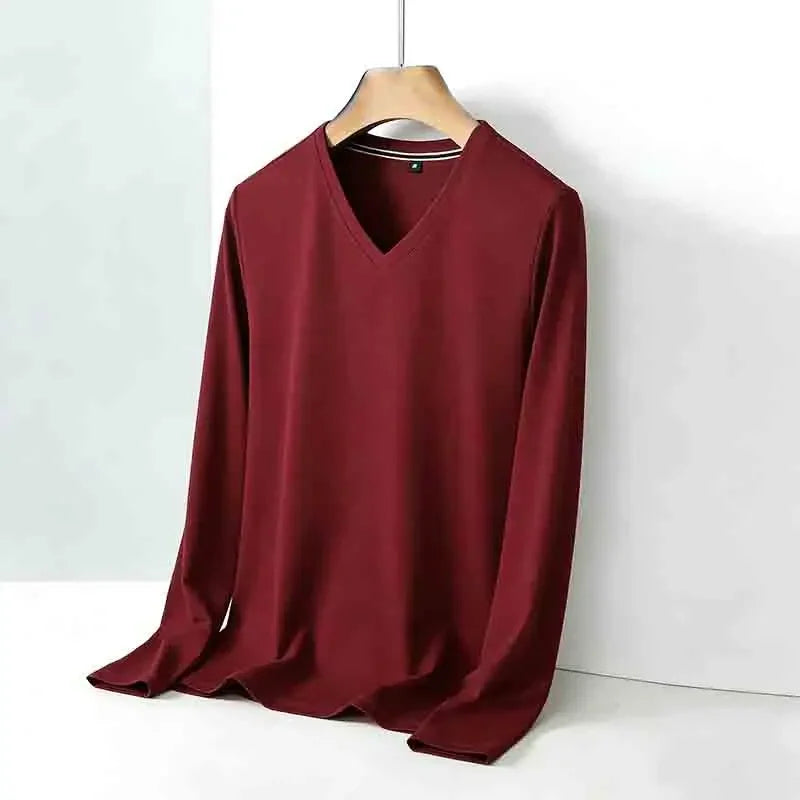 Men's Camel V-neck Long Sleeve Tee Slim Fit Soft Knit Pullover Spring & Autumn Shirt