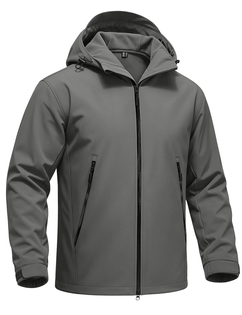 TACVASEN Autumn And Winter Men's Softshell Hooded Waterproof Fleece Lightweight Jacket Windproof Coat With 2 Pockets For Hiking