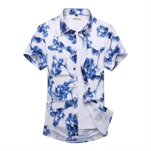 2026 Summer Men's White Short-Sleeved Printed Shirt, Blue Single-Breasted Lapel Shirts, Asian Sizes M-7XL.