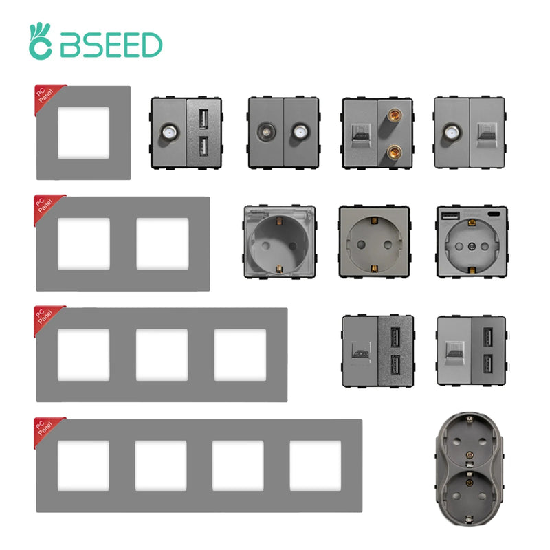 BSEED Wall Switch Panel Part Dual USB Socket TV Internet RJ45 Satellite Function Parts EU Socket DIY Part Only Free Combination