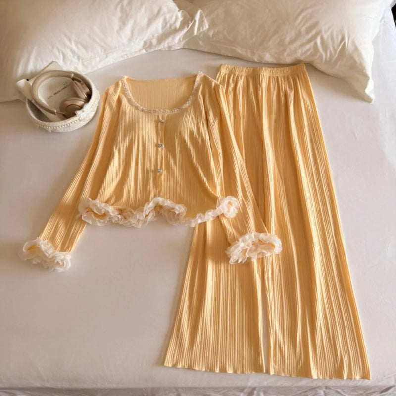 New Autumn Long-sleeved Trousers Sleepwear for Sleeping Women's Pyjamas Chest Pads 2 Pieces Set for Women Pajama Home Clothes