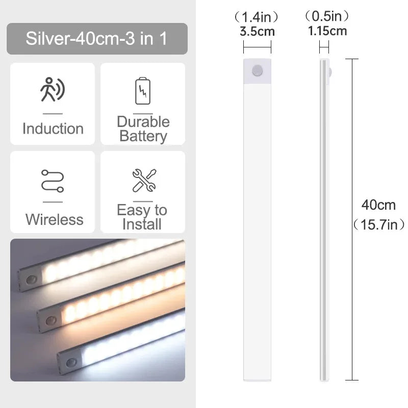 10-60CM Motion Sensor LED Night Light Wireless USB Rechargeable Under Cabinet Lights Ultra Thin Long Bar Lamp Kitchen Bedside
