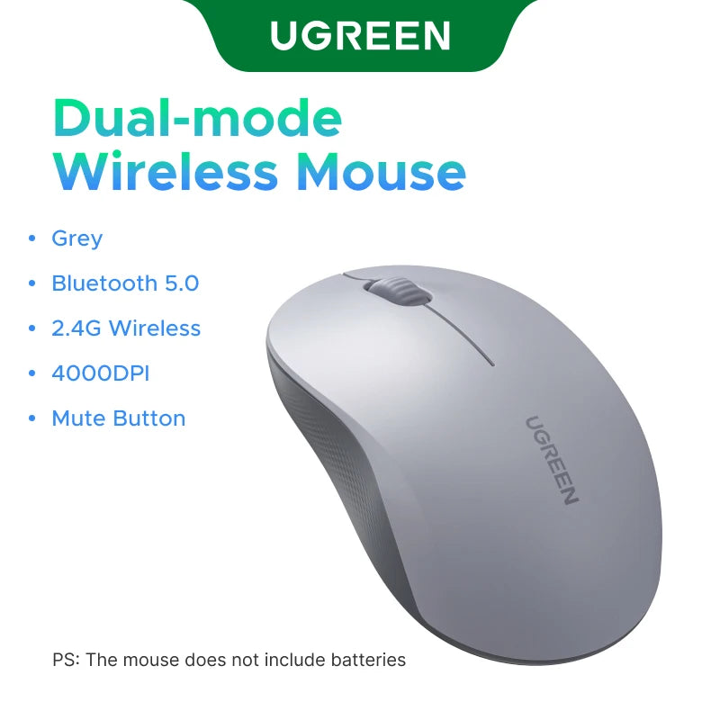 UGREEN Wireless Mouse 2.4G & Bluetooth Dual Mode, 4000DPI 4-Level Adjustable, Silent Click, Portable Ergonomic Mouse for Laptop