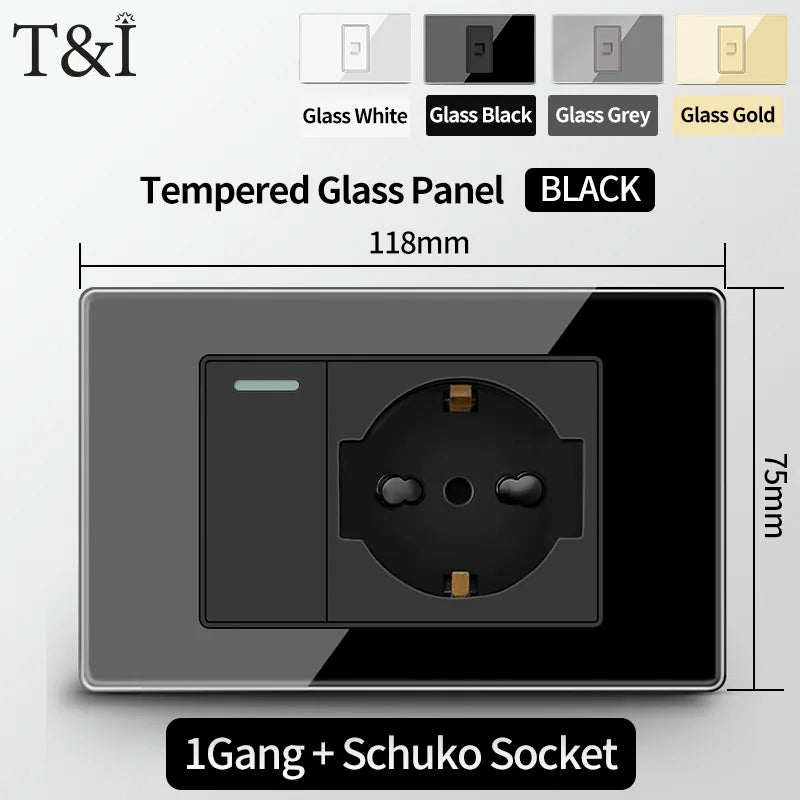 T&I Wall Switch Sockets With USB TypeC  Fast Charging, Italy Socket , Chile Schuko Outlet, Tempered Glass Panel for Home