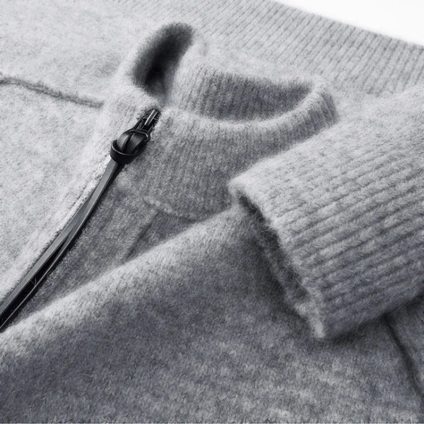 Men's High Neck Thick Knit Sweater, Zipper Detail Fleece Jacket, Winter Warm Soft Pullover, Casual Streetwear Top, Gray Black