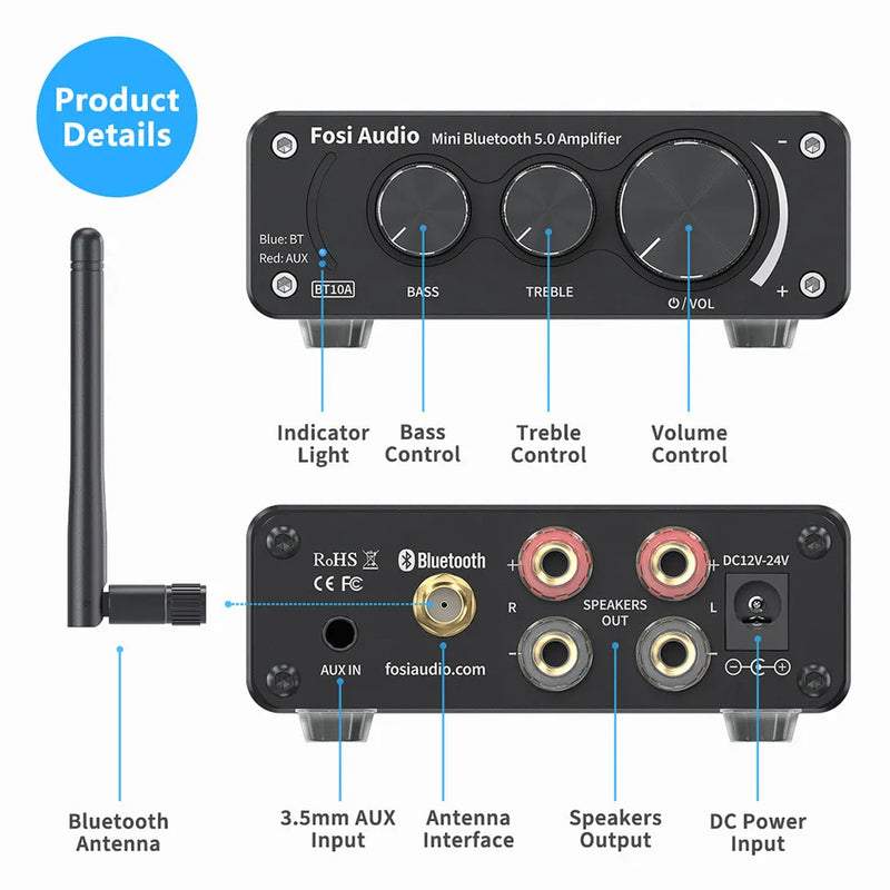 ឧបករណ៍បំពងសម្លេង Fosi Audio BT10A ប៊្លូធូស 2 ឆានែល ថាមពលសំឡេង ស្តេរ៉េអូ TPA3116D2 ខ្នាតតូច HiFi ឌីជីថល សម្រាប់ឧបករណ៍បំពងសម្លេង 50W Treble និង Bass