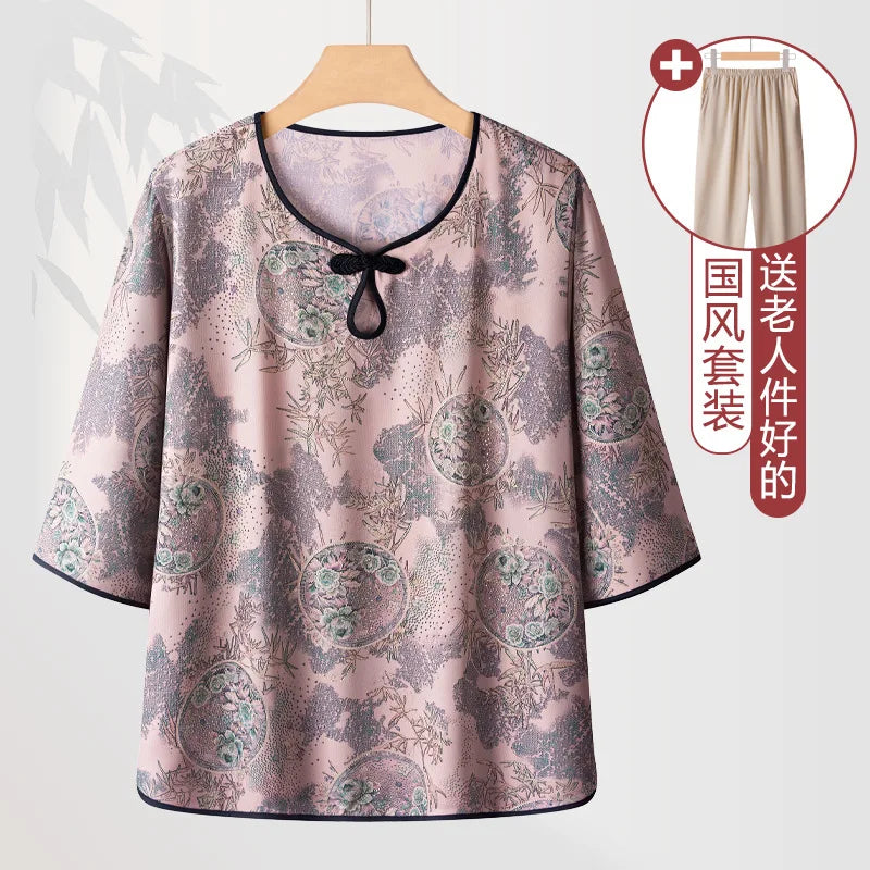 ឈុតគេងសម្រាប់ស្ត្រី XL-4XL ប៉ាក់ដោយកប្បាស បោះពុម្ពបែបបុរាណ សម្រាប់ម្តាយវ័យកណ្តាល ស្លៀកក្រៅផ្ទះ
