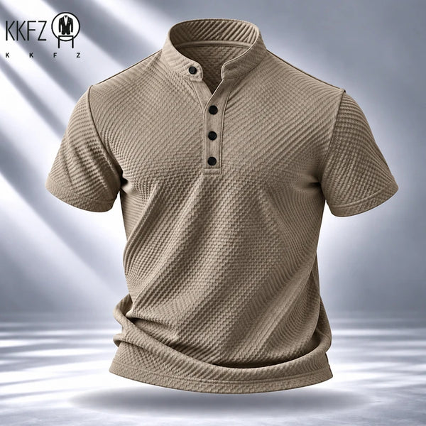 Mens Stand Collar Short Sleeve Shirt Soft Durable Waffle Premium Fabric Suitable For Daily Walking And Light Sports Occasions