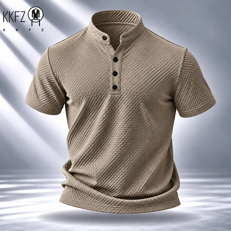 Mens Stand Collar Short Sleeve Shirt Soft Durable Waffle Premium Fabric Suitable For Daily Walking And Light Sports Occasions