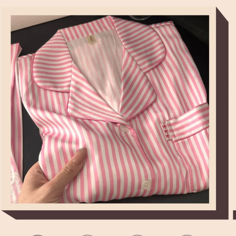 Ice Silk Striped Long Sleeve Women's Pajamas Set Nightie Autumn Ladies Two-Piece Set Sleepwear Woman Home Wear Pyjama Femmes