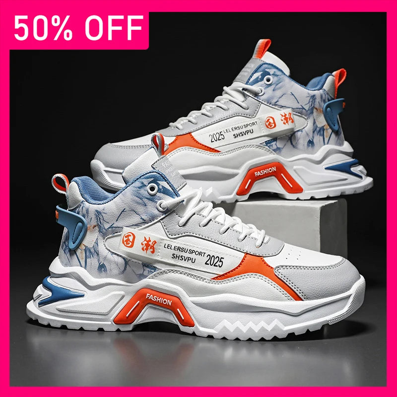 Men Sneakers Fashion Leather Breathable Wear-resistant Outdoor Fitness Shoes Thick Soled Non Slip Comfort Casual Running Shoes