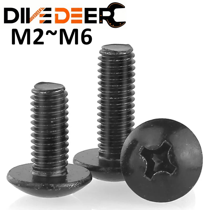 DIVEDEER 10~100pcs M2 M2.5 M3 M3.5 M4 M5 M6 Black Plated Electronic Carbon Steel Cross Phillips Truss Mushroom Head Screw Bolt