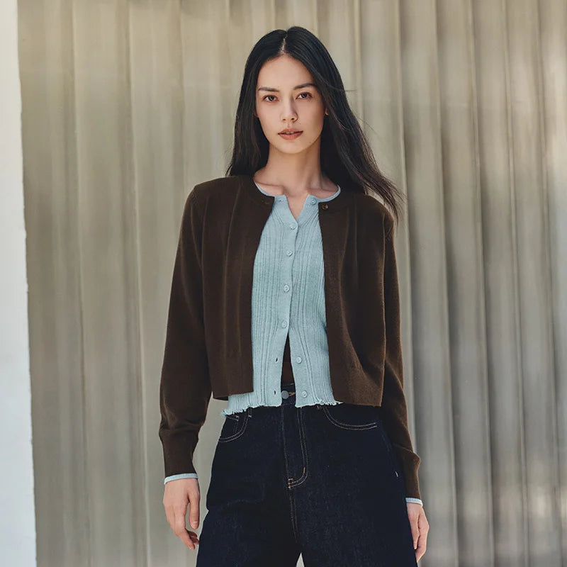 Semir Women Cardigan Short Contrast Patchwork Faux Two Piece Ruffle Trim Soft Casual Autumn Knitwear Daily Wear 2026