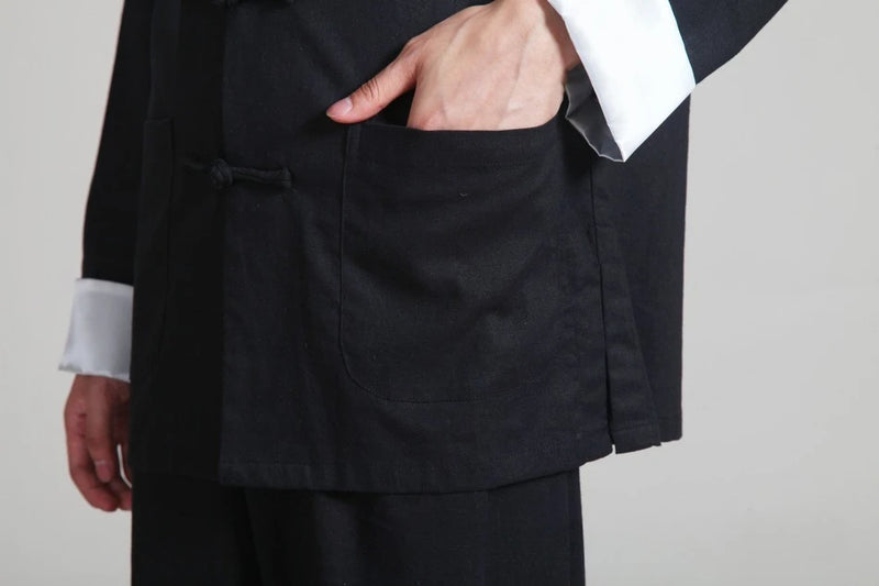 Chinese-style Men's Black Cotton-linen Two-piece Set, Featuring A Stand-up Collar Long-sleeve Shirt and Pants.