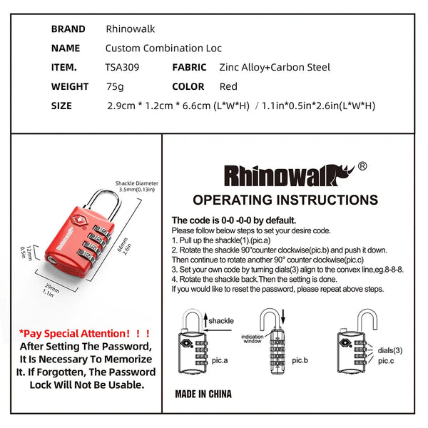 សោរ Rhinowalk TSA សម្រាប់សោរ Rhinowalk MJX2004 Mechanic សោរសុវត្ថិភាពសម្រាប់កាបូប Rhinowalk MJX2004 ប្រឆាំងនឹងចោរកម្ម