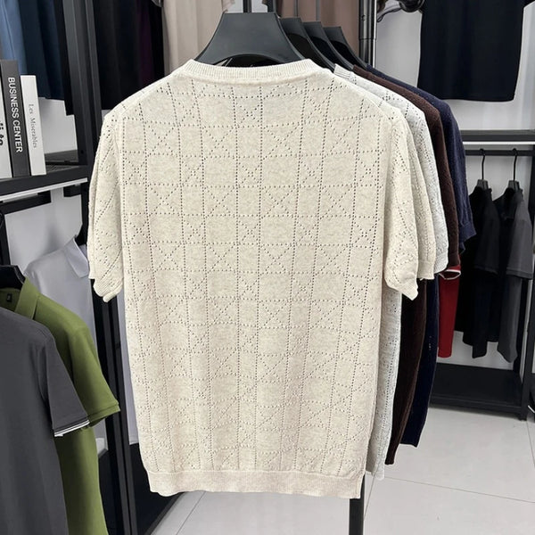 Men's Linen Blend Short Sleeve Sweater | Lightweight Breathable Hollow Out Knit | Summer Crew Neck Cool T-Shirt Top