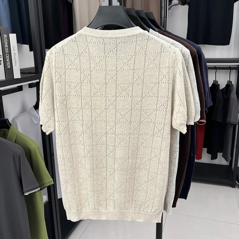 Men's Linen Blend Short Sleeve Sweater | Lightweight Breathable Hollow Out Knit | Summer Crew Neck Cool T-Shirt Top