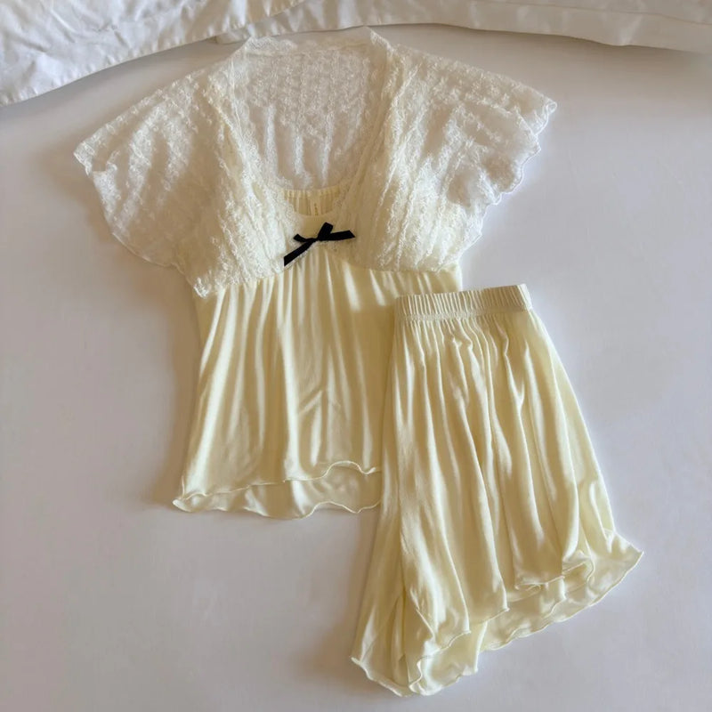 Thin Summer New Pajama Set Woman Nightwear Elegant Short Sleeve Two-Piece Homewear Chest Pads Sleepwear Women's Home Clothes