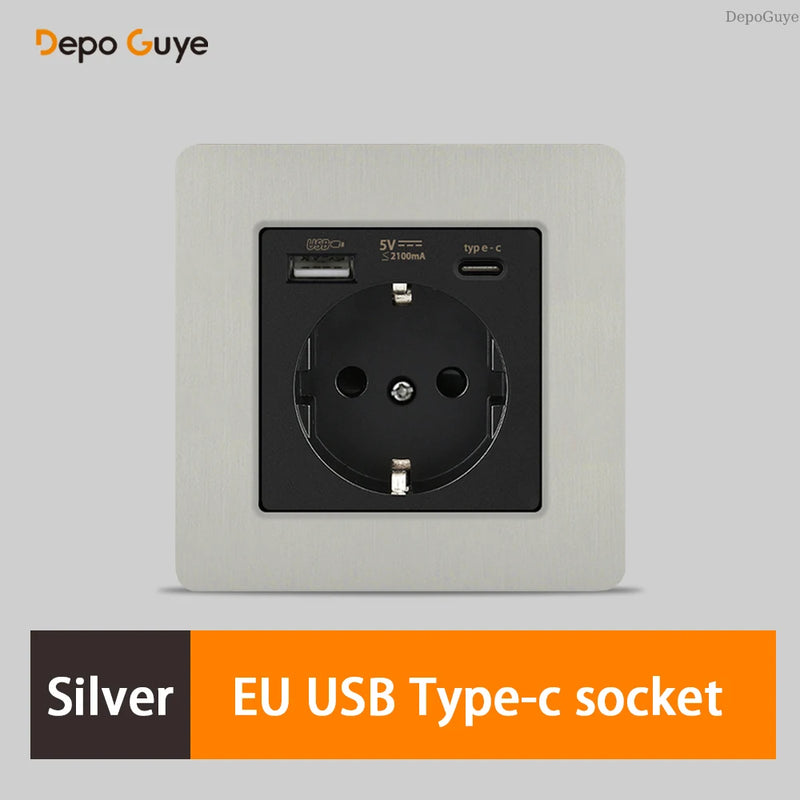 Retro EU French Standard Metal Double USB Wall Power Socket,Brushed Stainless Steel Antique Outlet with Type-c Usb Charing Port