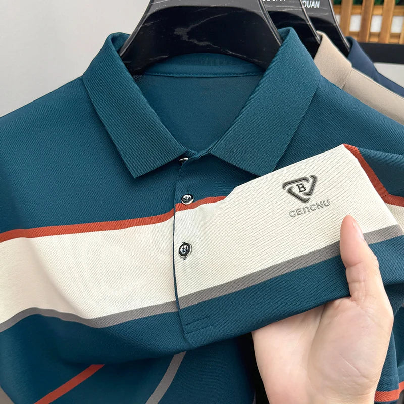 High Quality Man Short-Sleeved Polo Shirt Lapel Button Stripe Letter Print British Style Summer New T-Shirt Business Men's Wear