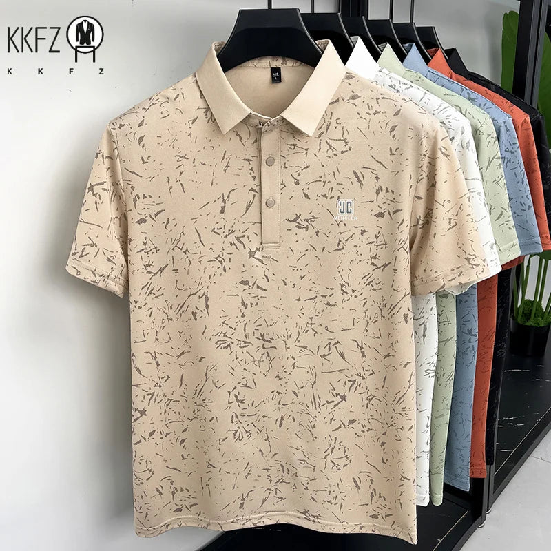 Business Casual Mens Splash Pattern Polo Short Sleeve Breath Mesh Short Vacation And Weekend Party Apparel