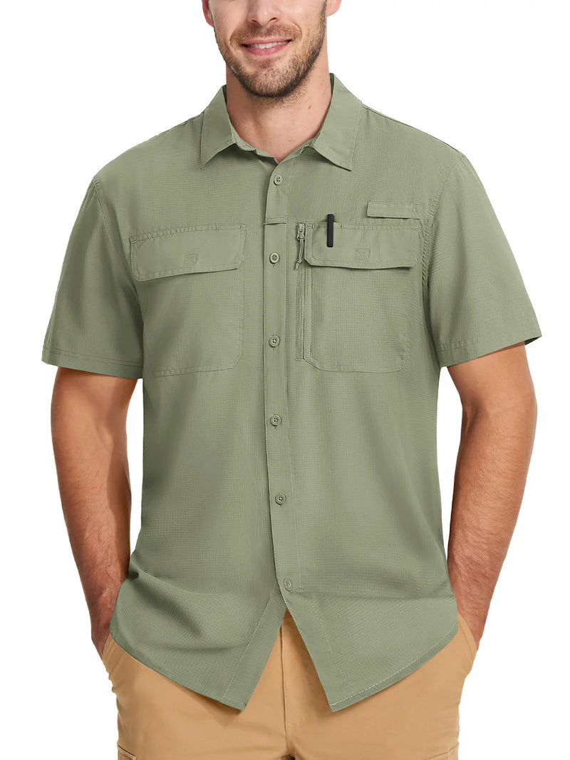 TACVASEN Short Sleeve Fishing Shirts Men's UPF 50+ Sun Protection Cargo Work Shirts Mesh Breathable Quick Dry Hiking Shirts Man