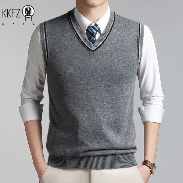 Mens V Neck Sleeveless Knit Waistcoat Contrast Rib Trim Soft Slim Sweater Vest For Daily Formal Wear In Autumn