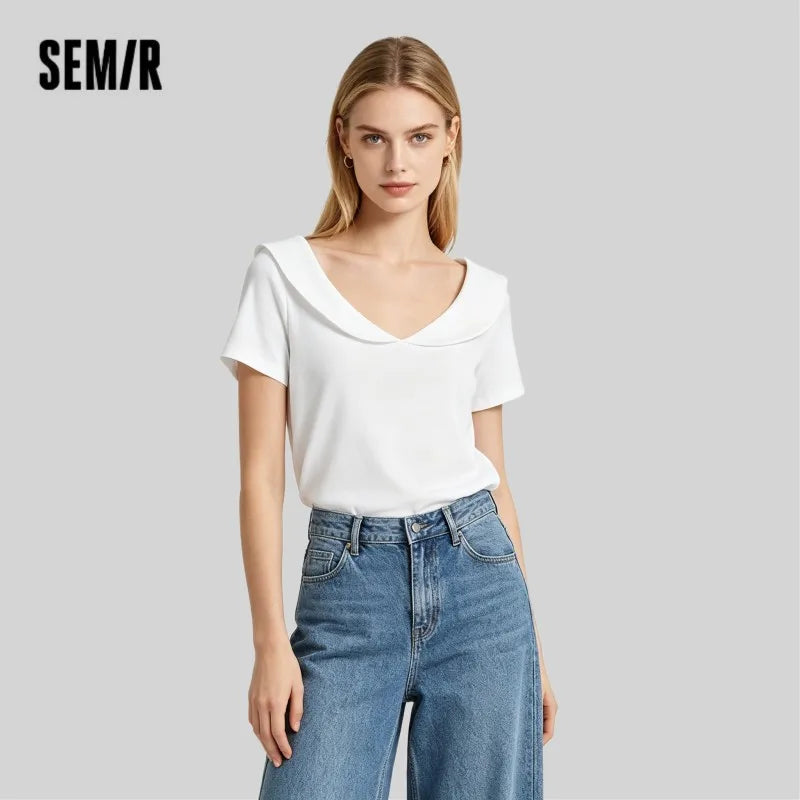 Semir Womens Polo 2026 Short Style Solid Color Doll Lapel Short Sleeve Regular Shoulder Slim Gentle Casual