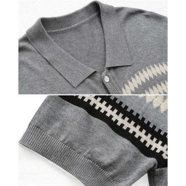 Short Sleeve Cardigan Men | Fair Isle Print Polo Collar Summer Thin Knit Sweater | Breathable Soft Casual Top