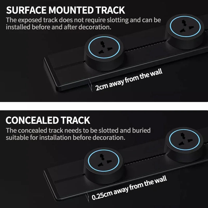 Wall power rail socket EU, kitchen aluminum expansion socket 40cm 50cm, built-in socket on countertop