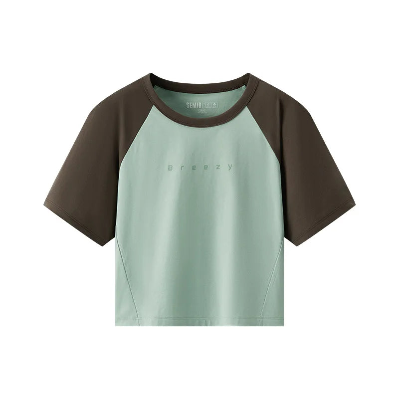 Semir Womens Tshirt 2026 Solid Color Crew Neck Cool Feeling Raglan Sleeve Color Block Slim Fit Casual