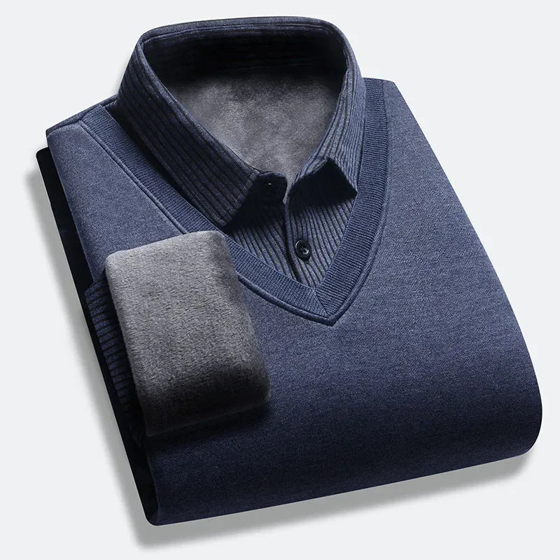 Mens Long Sleeve Collared Pullover Fake Vest Knit Design Full Fleece Lined Vertical Stripe Thermal Cold Weather Business Attire
