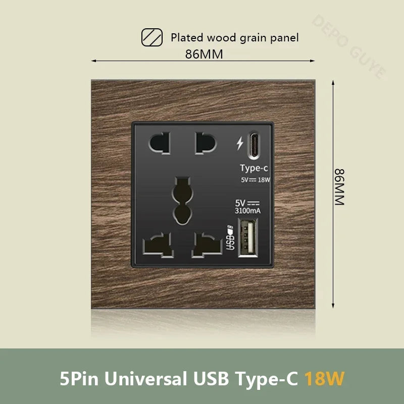UK 18W Type-C Quick charge Dual Power Outlet,Universal Retro Wood Grain Electrical USB Socket,220V Electrical  Wall Light Switch