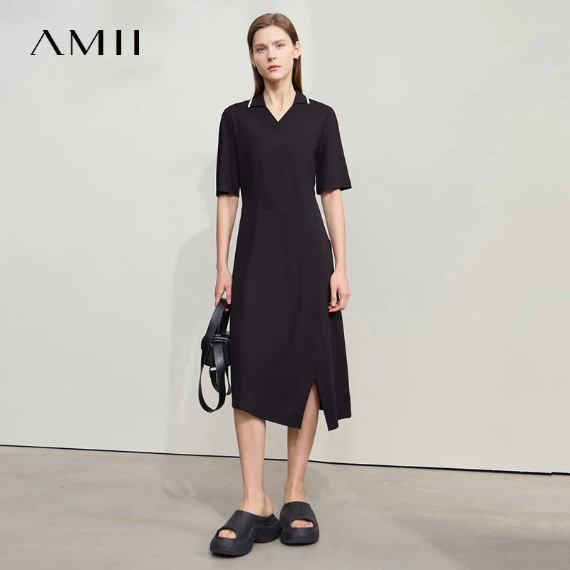 រ៉ូប Amii Minimalism រដូវក្តៅឆ្នាំ ២០២៥ រ៉ូបនារីថ្មី ក V ដៃអាវខ្លី ចង្កេះប៉ាក់ រ៉ូបការិយាល័យស្គមស្គាំង 12542166