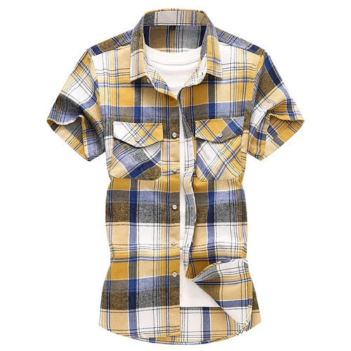 Men Red Striped Plaid Short-sleeved Shirt, Single-breasted Square Collar Cotton Shirts Summer Fashion Casual Camisa Men Chemise