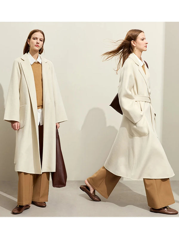 AMII Minimalist Wool Coat For Women 2024 Winter Blazer Collar With Belt Vintage Korean Fashion Long Blends Jacket 12424102