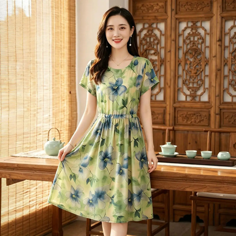 រ៉ូបផ្ការដូវក្តៅ O-Neck Midi រ៉ូបសម្រាប់នារីទាន់សម័យ ឈុតឆ្នេរខ្សាច់បែបសាមញ្ញ រ៉ូប Bodycon សម្រាប់ពិធីជប់លៀង និងពិធីជប់លៀង