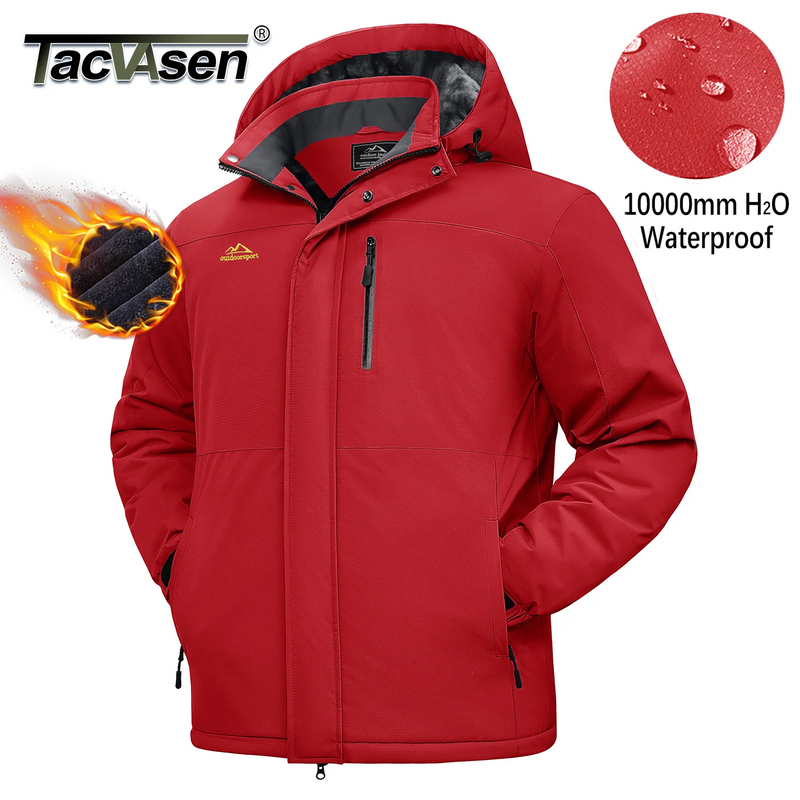 TACVASEN Mens Heavyweight Ski Jacket Waterproof Fleece Parka Detached Hood Windproof Placket Outdoor Coat Winter Warm 5 Pocket