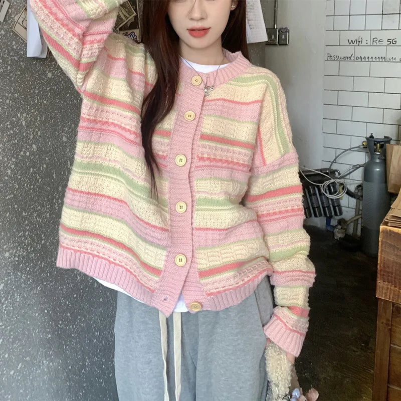Soft Contrasting Color Striped Crew Neck Knitted Cardigan Coat Women's Autumn Winter Top Casual Sweater Jacket Knitwear Traf