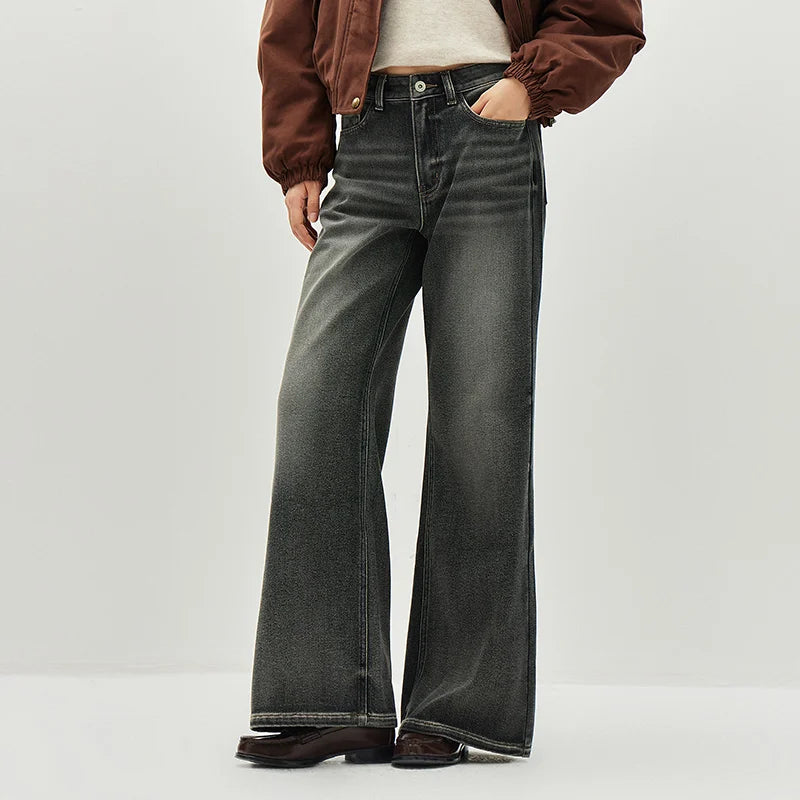 Semir Women Jeans Belted Fleece Lined Flared Loose Fit Distressed Wash 2026 Vintage HighWaist Streetwear Denim Pants