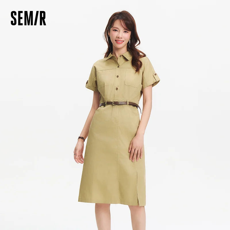 អាវរ៉ូបស្ត្រី Semir កអាវកប្បាសរន្ធខ្សែក្រវាត់មីឌីស្លីមវីនថេចសម្លៀកបំពាក់ទីក្រុងសម្រាប់ធ្វើការរដូវក្តៅឆ្នាំ ២០២៦ អាវការិយាល័យទាន់សម័យ